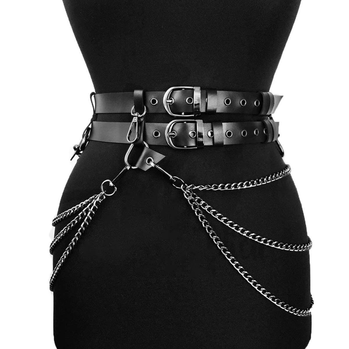 

Women s Punk Rock Style Black Leather Belt with Chain - Adjustable Waist Belt with Double Buckle and Metal Chain for Outfit чёрный