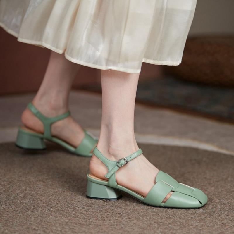 Cow Leather Square Toe Thick Med Heels Autumn Summer Buckle Straps Shoes Hollow Decorations Women Shallow Sandals