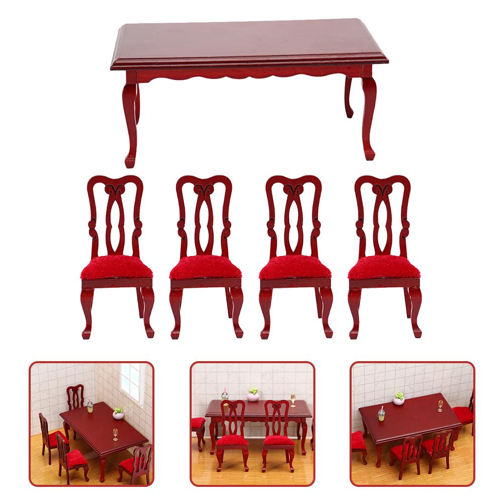 

1 set Miniature Retro Dining Chair Table Set Wooden 1 12 Scale Furniture Accessories For House Decoration Kids Pretend Play Toy червоний