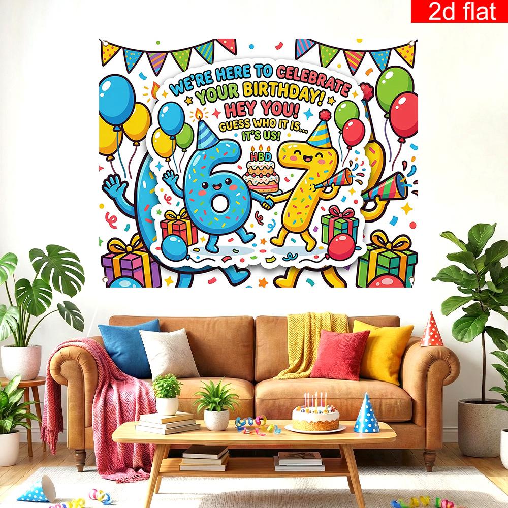 2D Flat Banner, 1 Piece, Cartoon Style 6/7th Birthday Theme Party Banner Background, Polyester, Birthday Cake