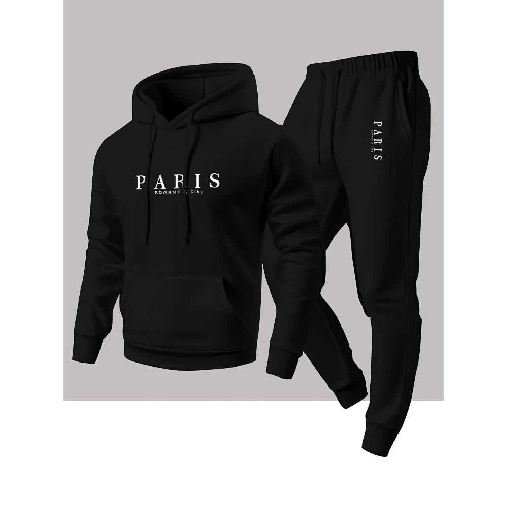 Pariser Romantischer Urbaner Stil Paris Aufdruck Kapuzenpullover und Passende Jogginghose Lässiges Set für Sport und Outdoor
