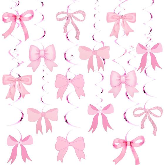 20 Pcs Pink Bow Party Hanging Swirls Decorations Pink Girl Theme Bow Garland Birthday Party Decoration Banner for Baby Shower Bridal Shower