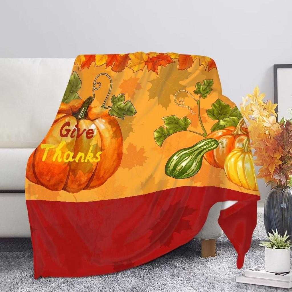 Harvest Autumn Throw Blanket Pumpkin Farmhouse Fallen Leaves Blanket Cozy Soft Lightweight Flannel Plush Blankets for Bed Couch