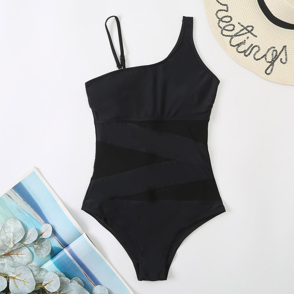 Women's Fashion Splicing  Mesh Spaghetti Straps  Bikini Swimsuit With Slanted Shoulder