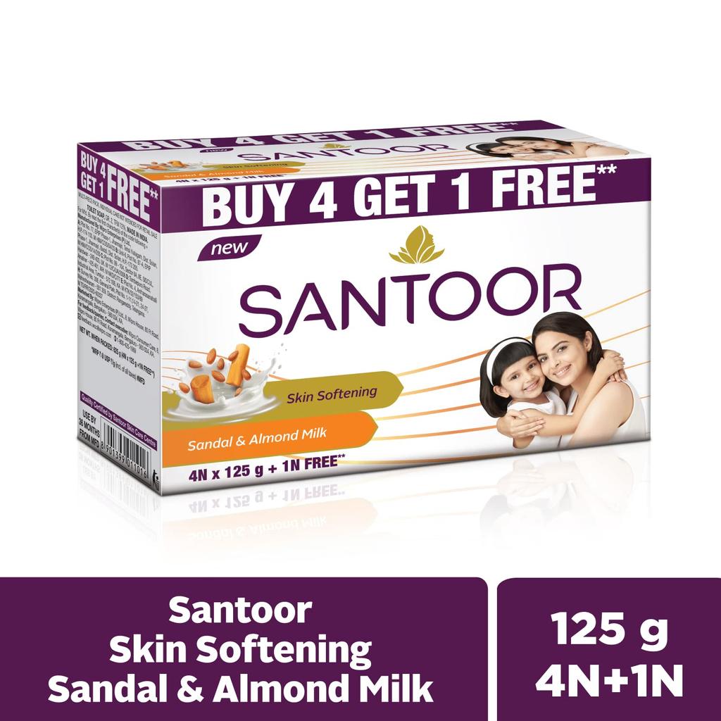 Santoor Skin Softening Sandal & Almond Milk Bathing Soap with Nourishing & Anti-Aging Properties| For Smooth & Soft and Younger-Looking Skin| For