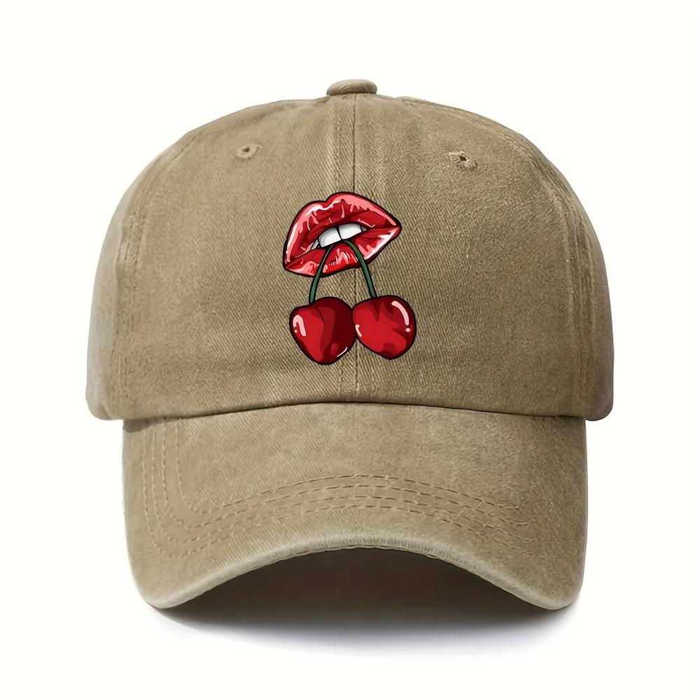 Sexy Lippen Kirschmuster Gewaschene Baseballkappe Trendige Unisex Freizeit Polyester Verstellbare Sportkappe