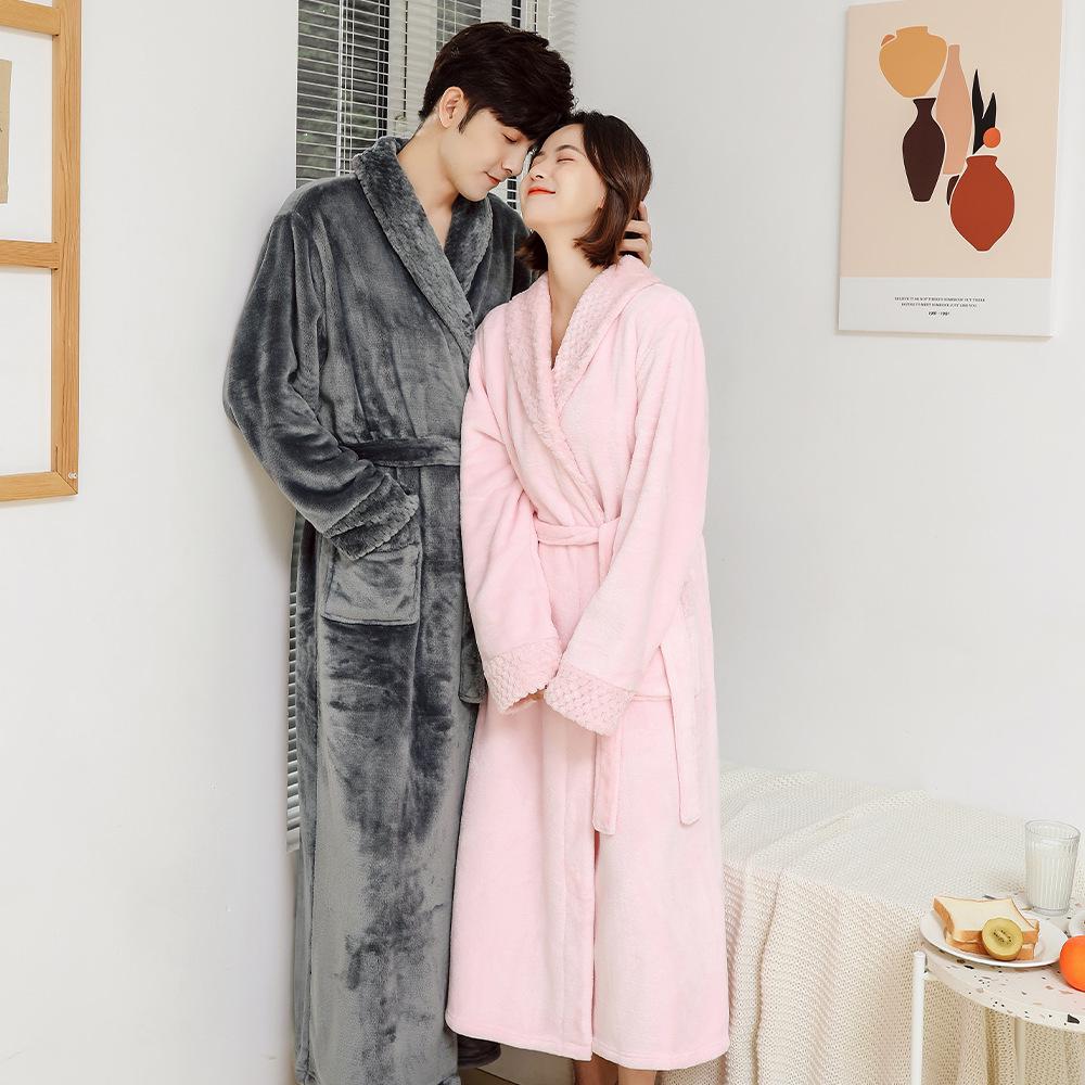Winter Couple's Thick Flannel Robe - Warm Coral Fleece Long Bathrobe for Men and Women