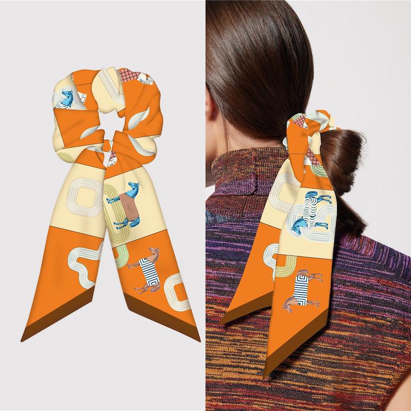 Girl Hair Silk Scarf Lady Elastic Scrunchies Ties Band Accessories Luxury Design Horse Print Ponytail Hairstyle Hairbands Ribbon