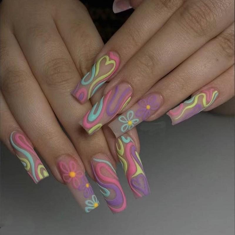 Long Press-On Nails With Multicolor Line Floral Doodle Design Ins Style Wearable Nail Tips