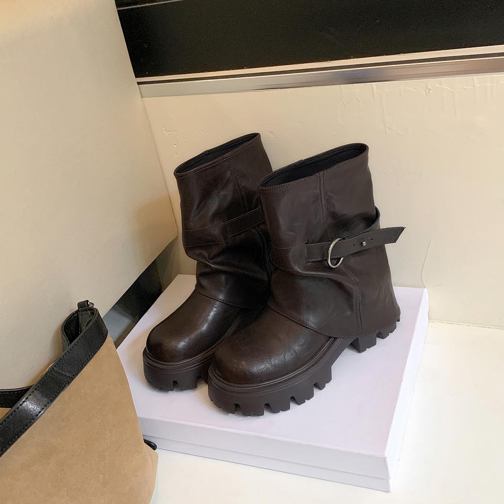 New Spot Platform Fashion Short Boots Women's Autumn and Winter Versatile Pleated Trouser Tube Boots British Style Medium Tube Martin Boots W