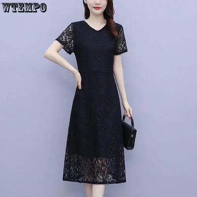 Vestido de renda vazado de manga curta de verão feminino, decote redondo fino, linha A, vestidos de cano médio