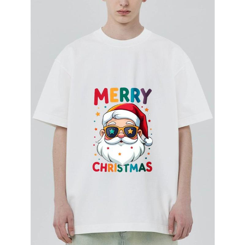 Merry Christmas Santa Claus T Shirt Black Color with Cartoon Santa Wearing Sunglasses and Stars Print for Holiday Party and Festive Season