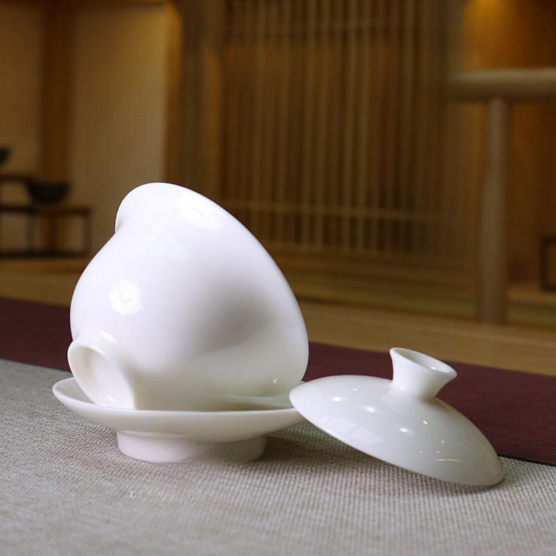 Goat Jade Porcelain Covered Bowl High-grade White Porcelain Handmade Sancai Bowl Tea Preparation Bowl Ivory Tea Set
