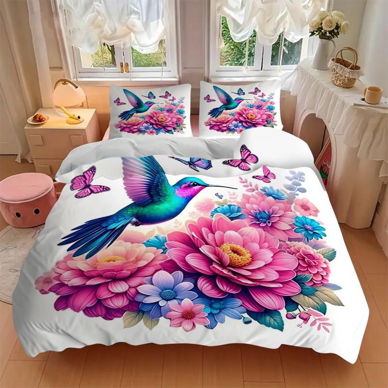 3pcs Hummingbird with Vibrant Blue Wings Quilt Cover Set (1 Quilt Cover + 2 Pillowcases Without Pillow Core), High-Definition Printing for Home a