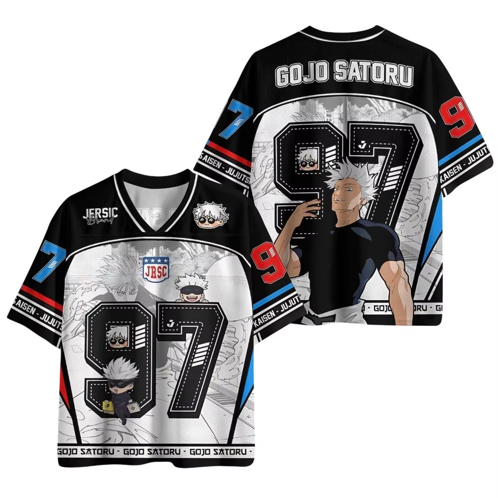 Jujutsu Kaisen Gojo Satoru 97 Jersey Men Anime Short Sleeve V Neck Black White Chibi Graphic Tee for Men Women Kids High-quality