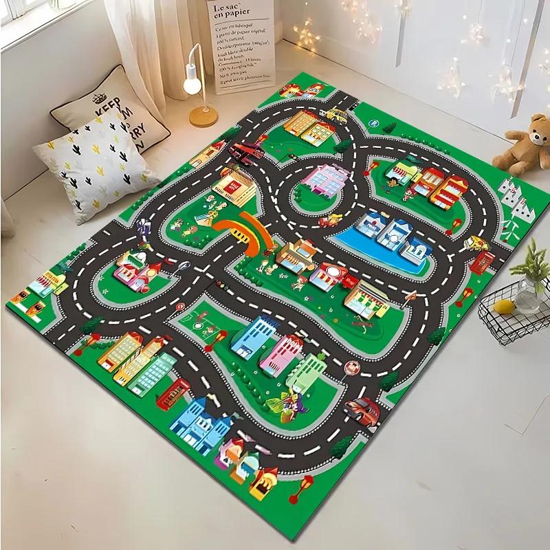 3D-Druck Kinderspielmatte Stadtverkehrskarte Großer Flächenteppich Teppich für Wohnzimmer Schlafzimmer Kinder Spielen Rutschfeste Bodendekormatte Geschenk
