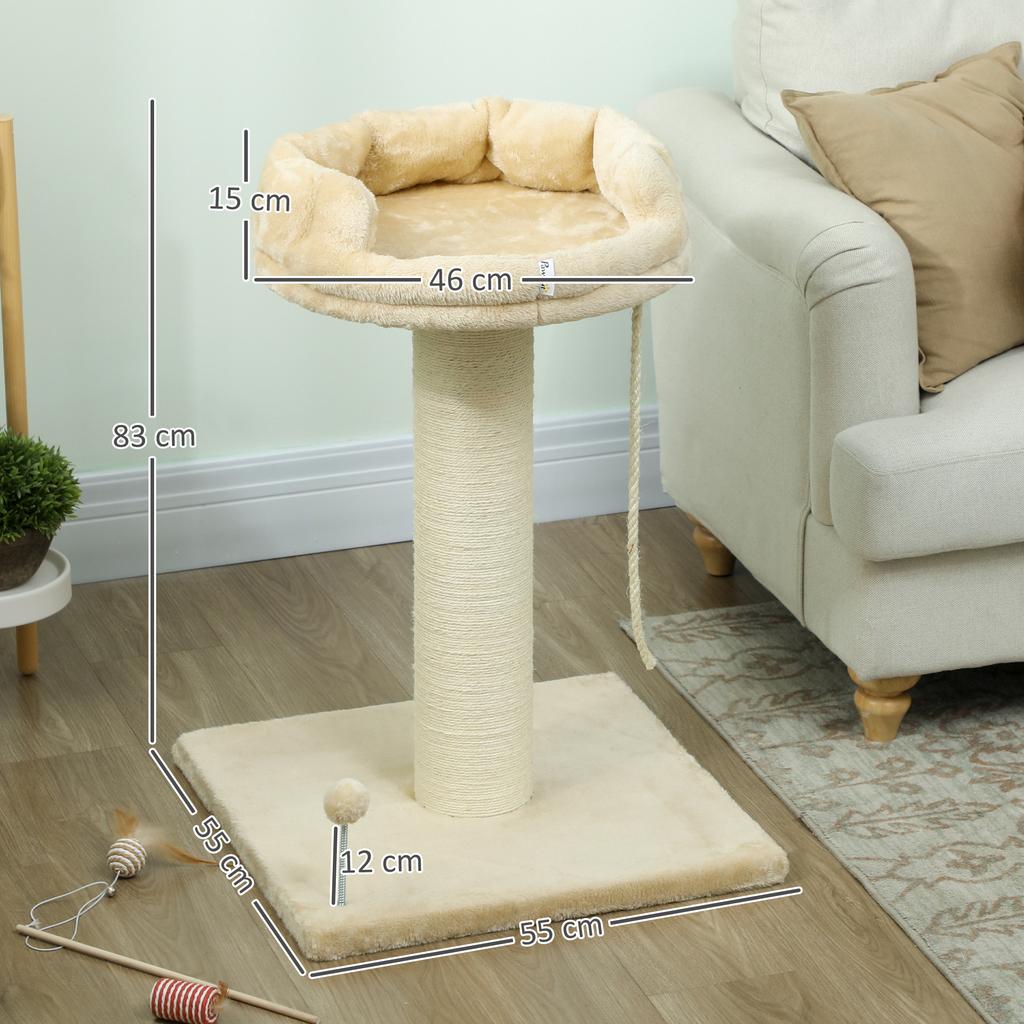 Cat Tree Scratcher Design Hanging Ball and Cord Toy + Plush Platform - 55 x 55 x 83 cm - Beige Sisal