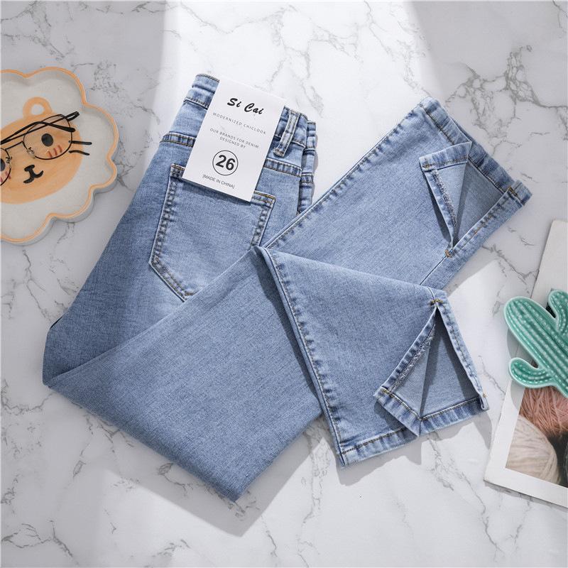 Women's Summer High Waist Light Blue Denim Jeans with Slit - Nine-Point Straight Leg Pants