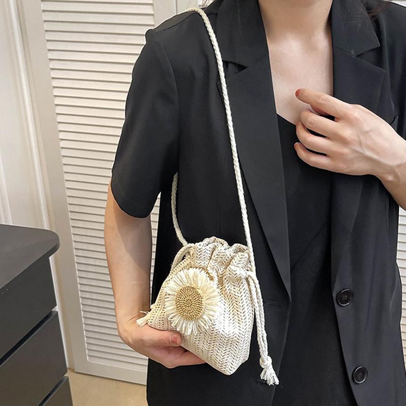 Słomkowe torby plażowe ze sznurkiem, torby z haftem kwiatowym, damskie plażowe torby typu bucket crossbody do podróży