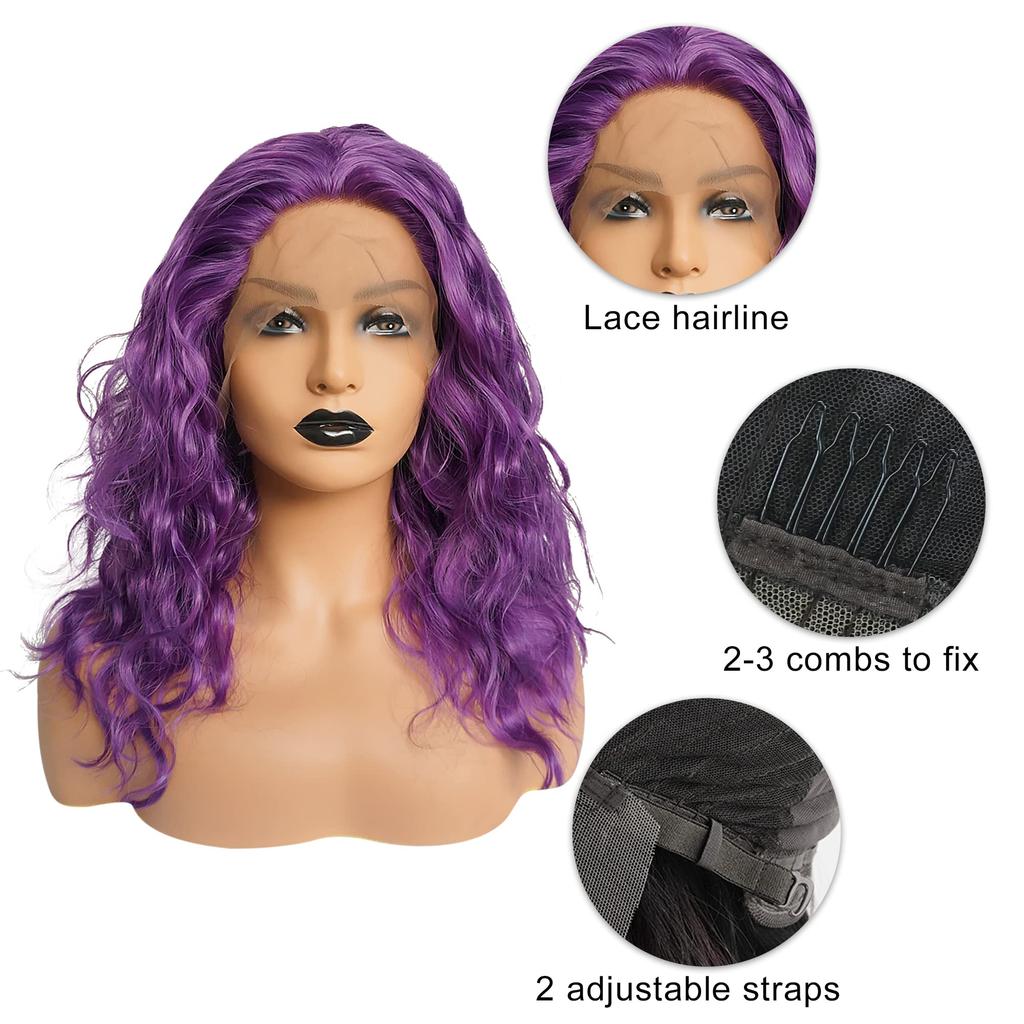 VOCOSTE Heat-Resistant Lace Front Wig, Medium Long, Fluffy Curly Wavy Wig for Girls, Everyday Use, 35.5 cm, Purple