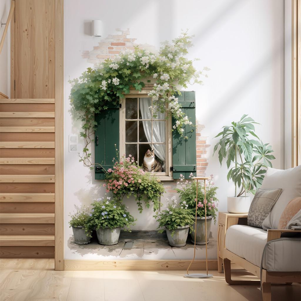 Faux Window with Potted Plants Flowers Wall Sticker Removable Self-Adhesive for Living Room Bedroom Background Wall Decor Art