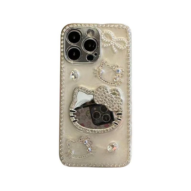 Epoxy Rhinestone Kt Cat Mirror Mobile Phone Case for Apple 17 Premium Sense Iphone16 Light Luxury 15 Pearl Bow Tie