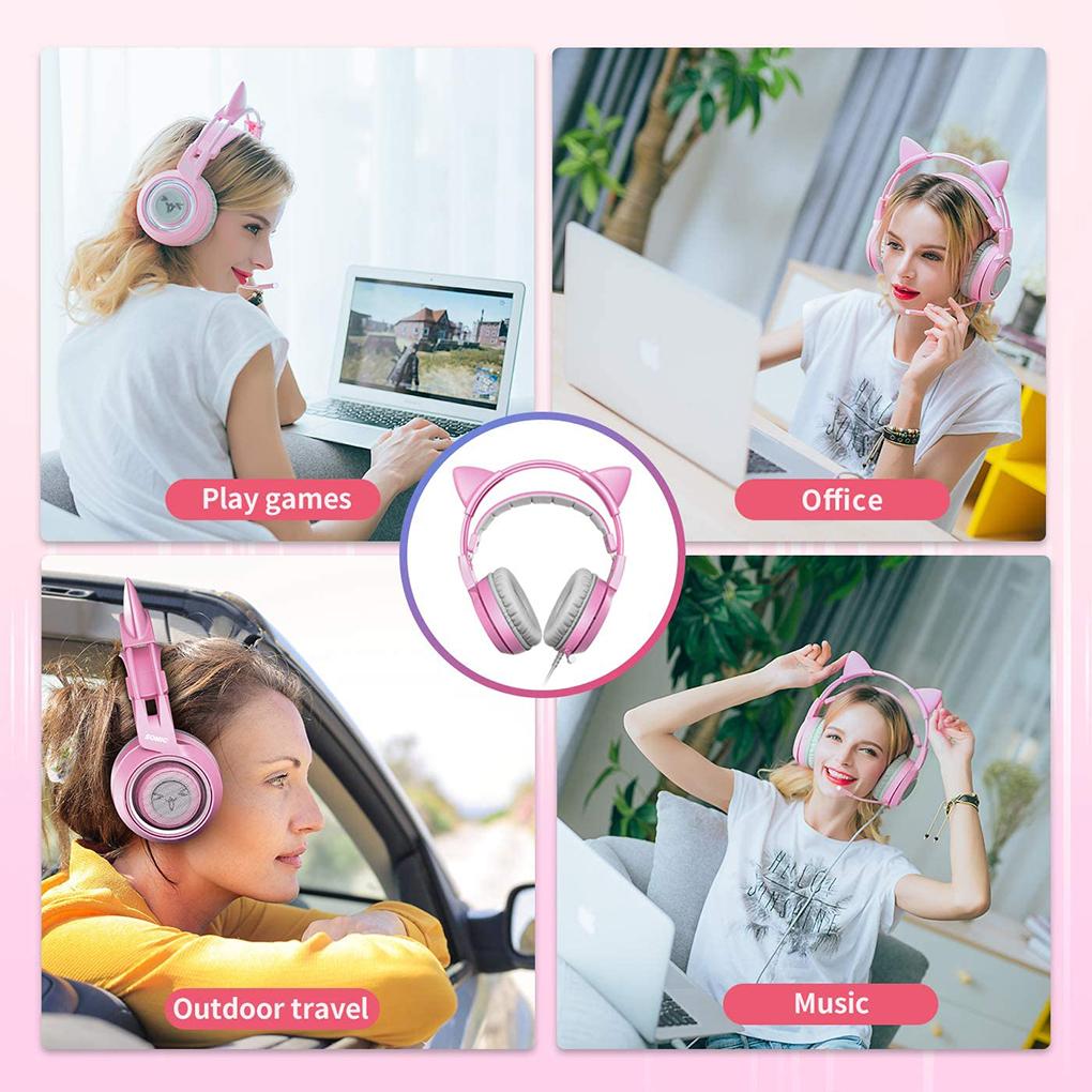 Wired Headset Gamer Pink Cat Ear Headset Cute Phone PC With Microphone 3\.5mm Gaming Phone Overear Gamer G951s Pink