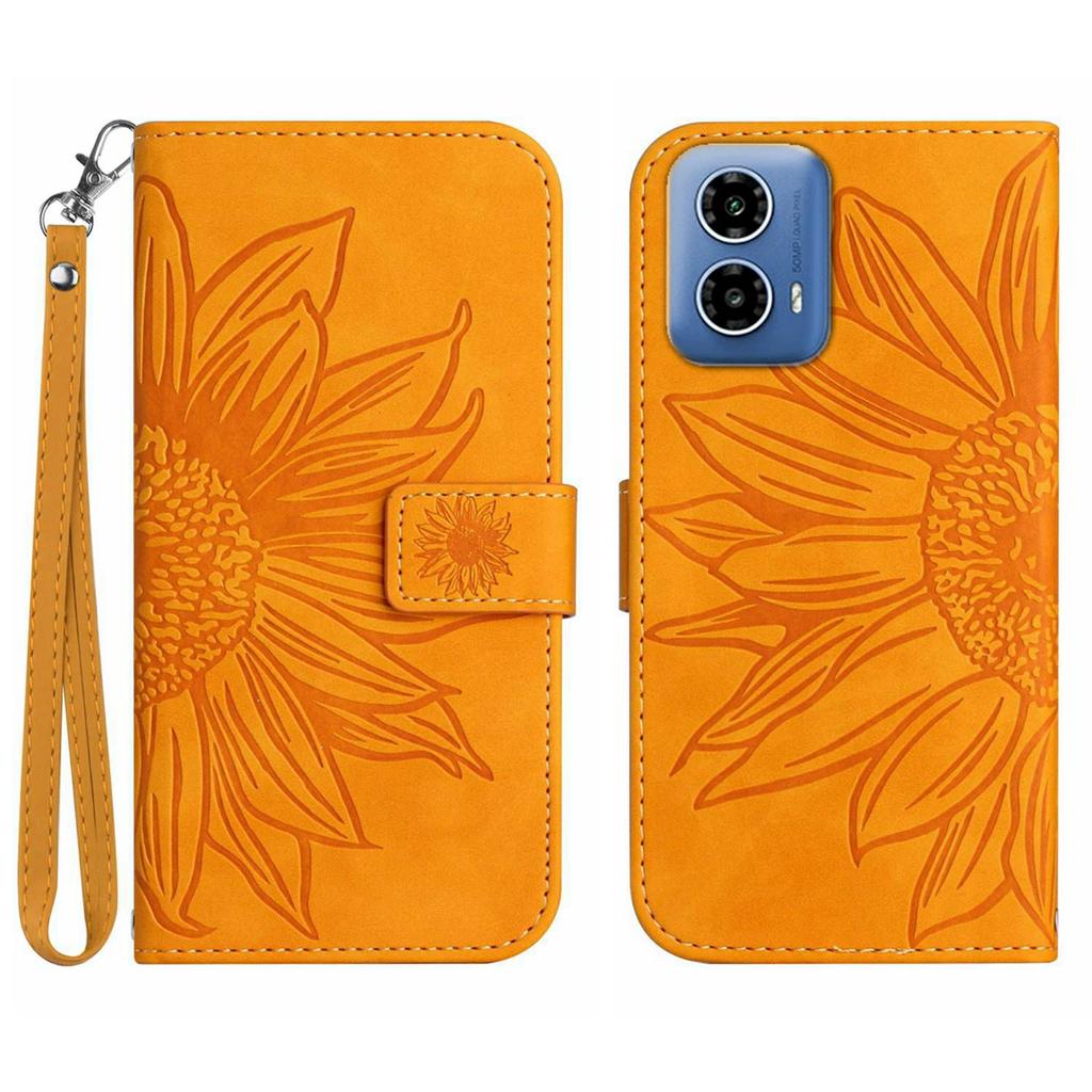 HT04 For Motorola Moto G35 5G Case Sunflower Imprint Leather Wallet Phone Cover with Wrist Strap