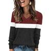 Women's Fashionable Oversized V-Neck T-Shirt With Striped Patchwork Print Long-Sleeved Pullover Top