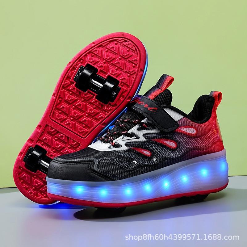Less Skateboard Shoes Four Student Edition Wheel with Light Charging Runaway Shoes Children's Skates Velcro Wheels Shoes