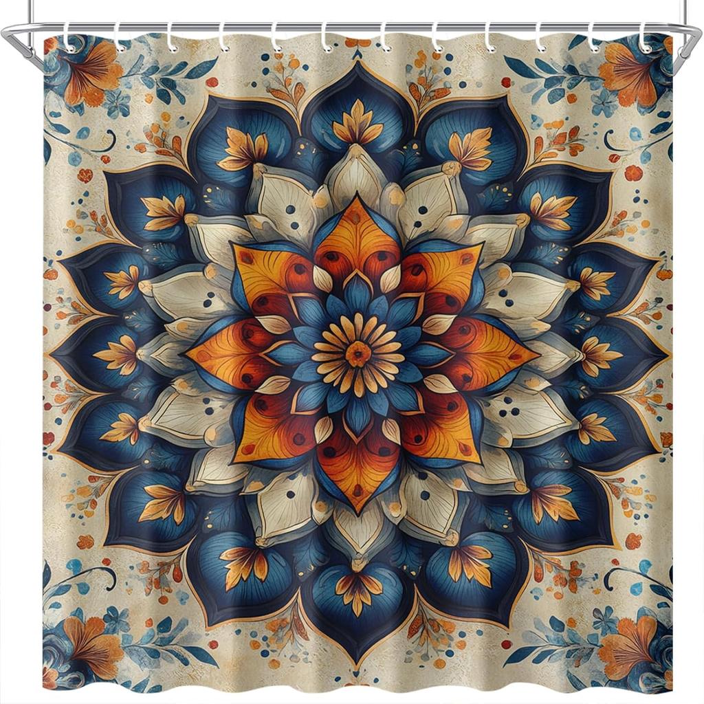 Mandala Shower Curtain Boho Bathroom Decor Vintage Floral Tapestry Pattern Curtain Hippie Indian Aesthetic Blue Orange Beige