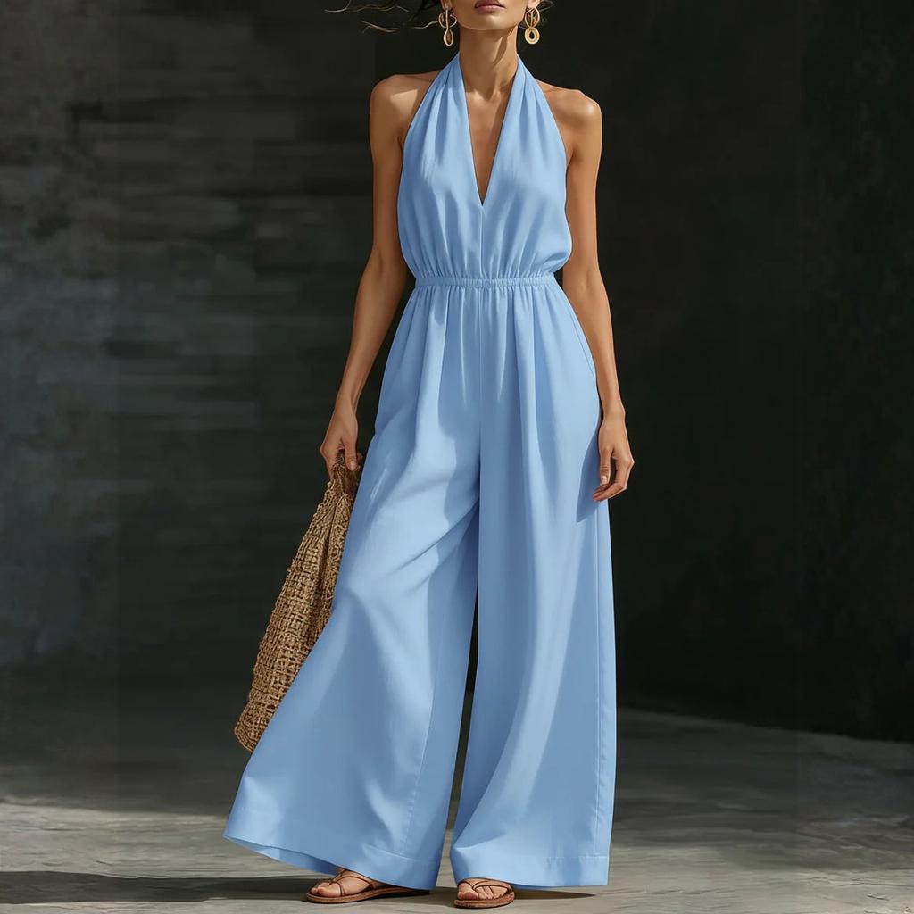 Women's V-neck Wide-leg Sleeveless Belted Long Jumpsuit