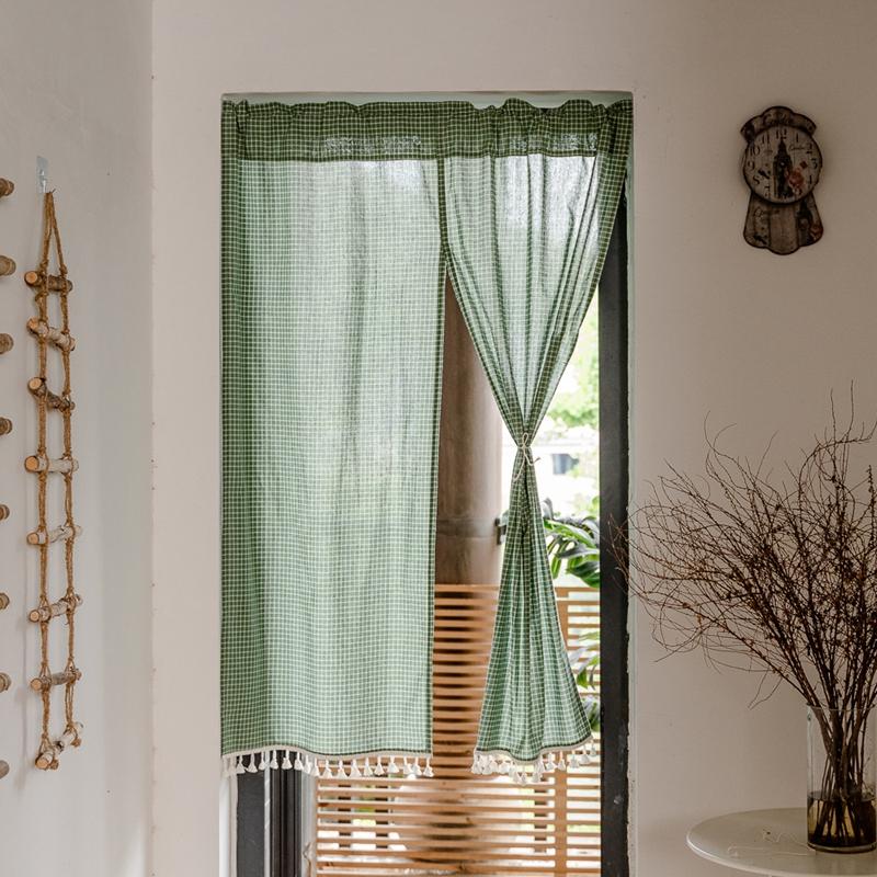 Japan Style Plaid Fabric Short Hanging Curtain Living Room Partition Door Curtain Kitchen Cafe Decoration Half Valance