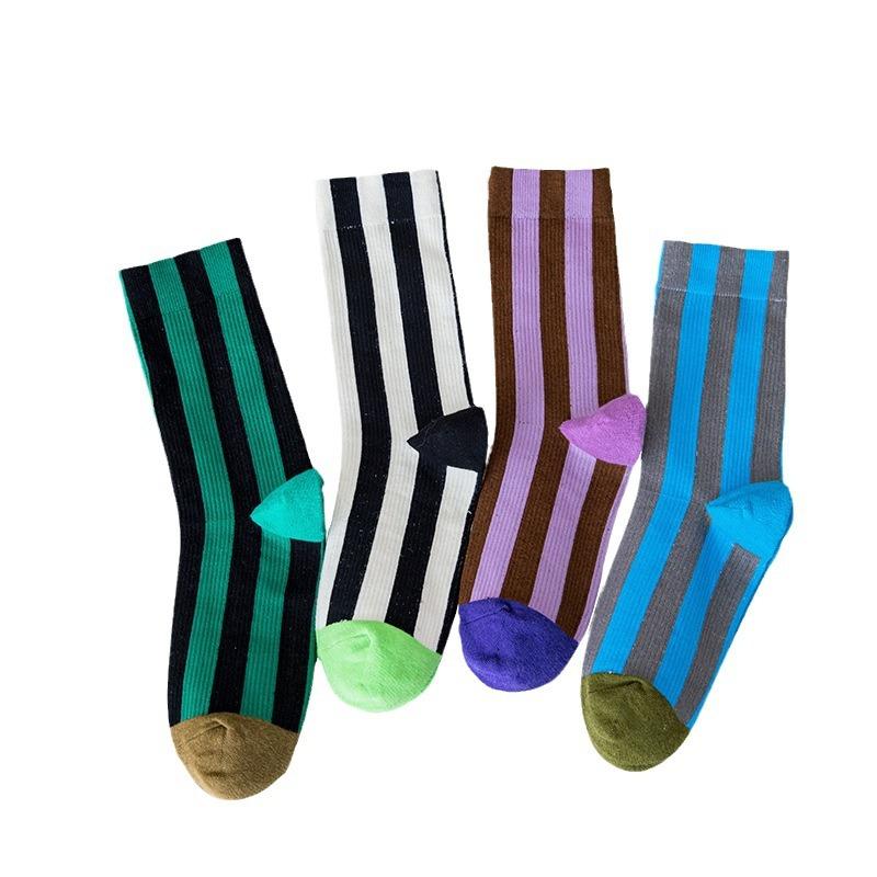 Nueva Tendencia Europea Color de Contraste Raya Vertical Calcetines de Caña Media Diseño Algodón Puro Combinación de Colores Calcetines Deportivos Apilables