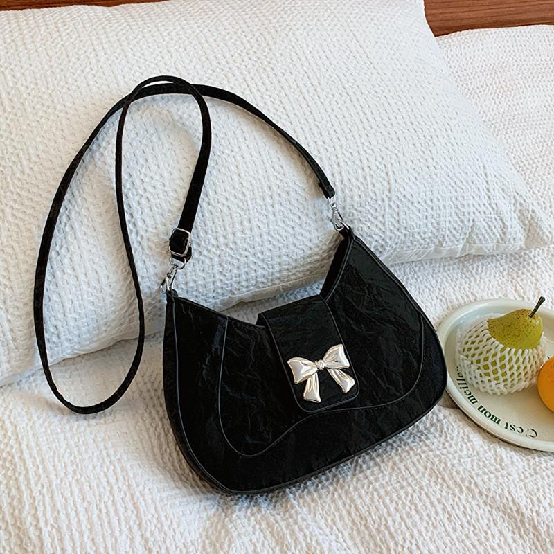 Stylish French Bow Aesthetic Underarm Bag In Black Silver Pink And White For Trendy Commuters