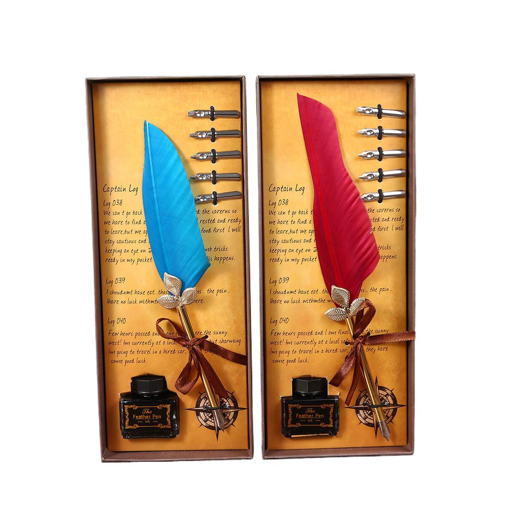 Retro Feather Dipped Pen Set, Solid Color Quill Pen Can Replace Nib Creative Holiday Gift