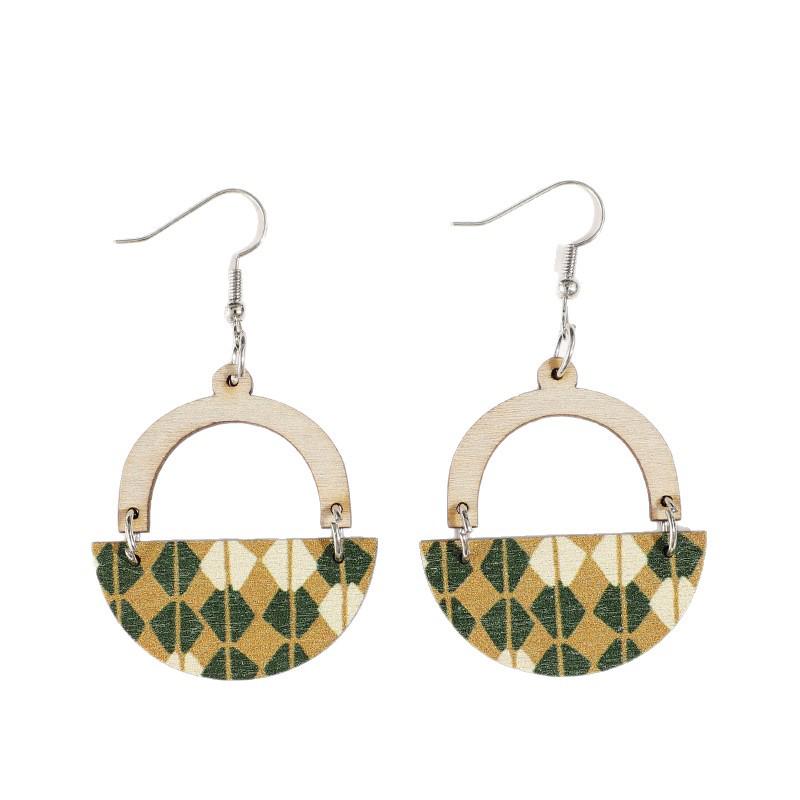 Bohemian Plaid & Stripes Retro Color Round Wood Dangle Earrings