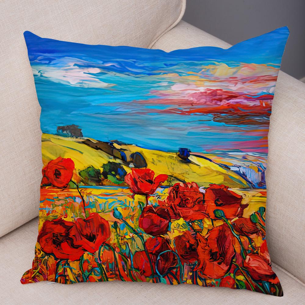 Federa Cuscino Stile Pittura ad Olio Paesaggio Colorato Barca Cavallo Stampa Floreale Lino Morbido Soggiorno Camera da Letto Casa Federa