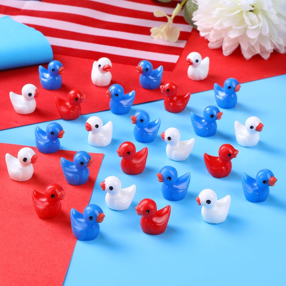100/50Pcs Mini Resin Ducks 3 Colors Independence Day Patriotic Tiny Small Little Duck For Dollhouse Micro Garden Landscape Decor