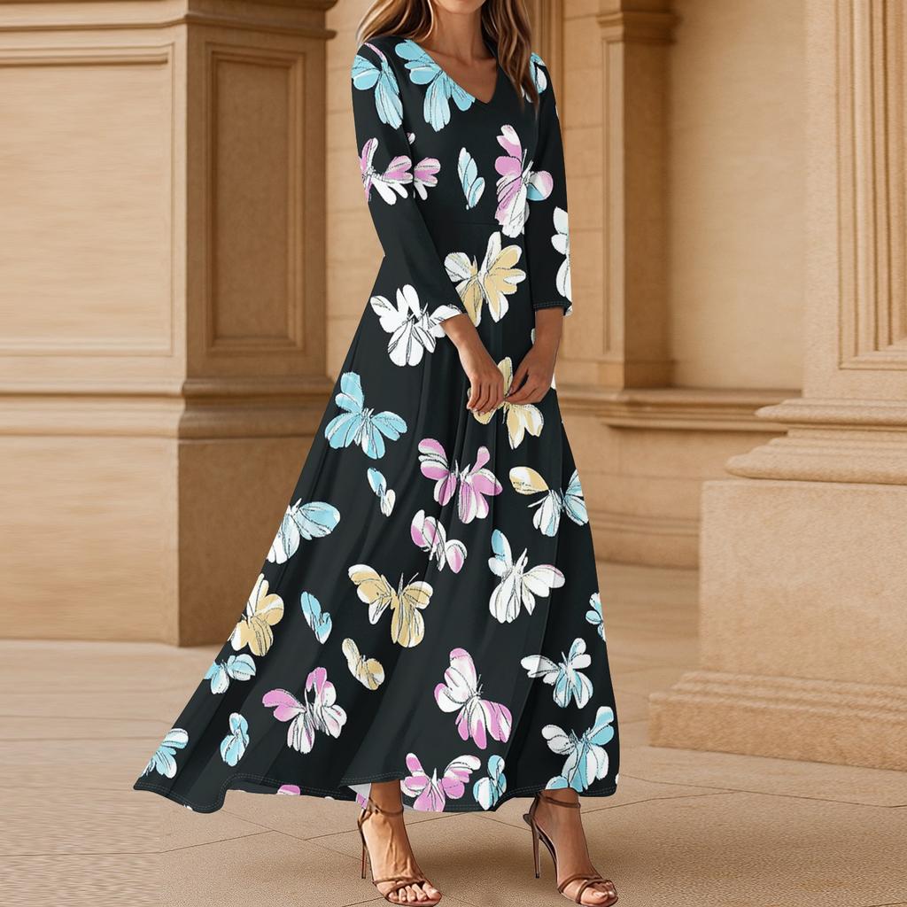 Women's Casual 3/4 Sleeve V-Neck Floral Print Maxi A-Line Beach Dress