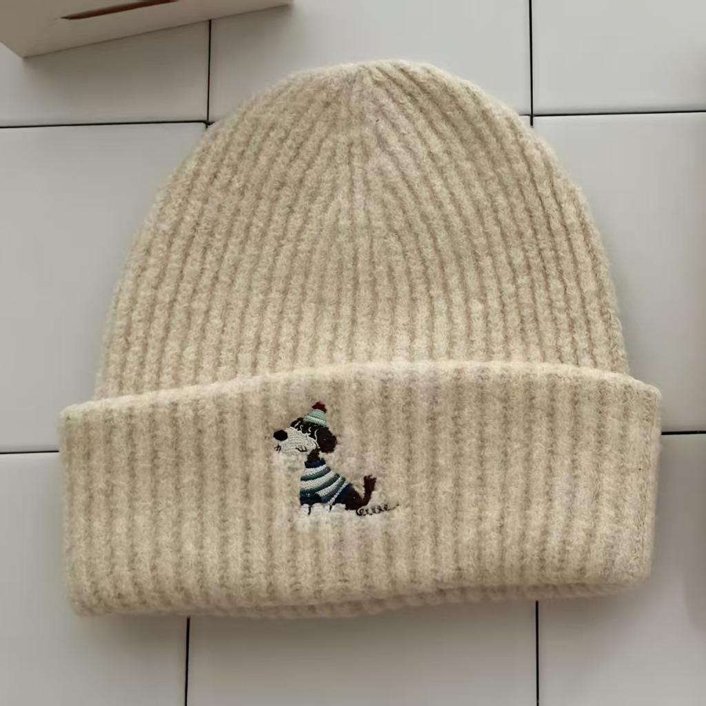 Puppy Embroidered Scarf, Hat, Headgear, Female Autumn and Winter Warm Face Small Knitted Wool Hat Outdoor Leisure