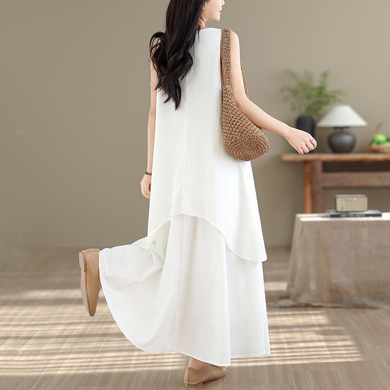 Women's High-End White Sleeveless Suit Dress - Loose Vest & Irregular Skirt Two-Piece Set