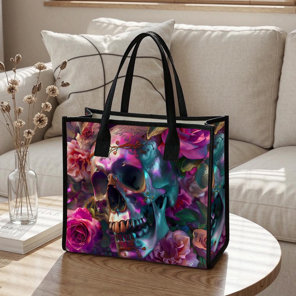 Gothic Floral Skull Print Fashion Tote Bag Casual Daily Large Capacity Portable Shopping Shoulder Handbag