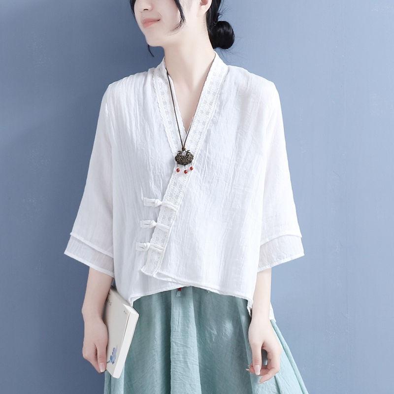 Damen Vintage Chinesischer Stil Bluse Bestickt Locker Geschnitten Asymmetrisch Knopfleiste Hemd Schickes Frühling Sommer Oberteil KK132