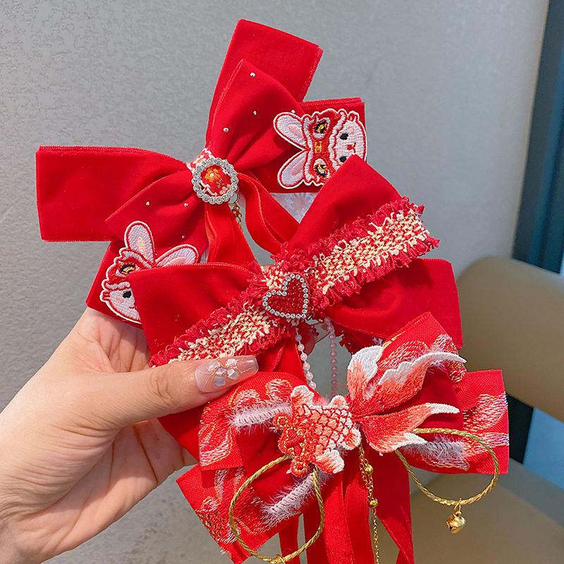 New Year Cute Pompom Kids Hair Clips Winter Plush Hairpins Braid Accessory Red Bow Princess Girl Headwear New Year Gift For Kids