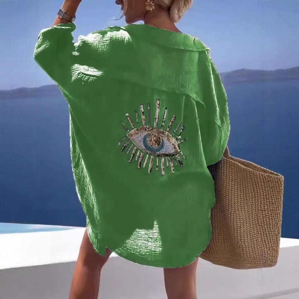 European & American Cross-border Women's Long Sleeve Cotton Linen Casual Shirt with Turn-down Collar