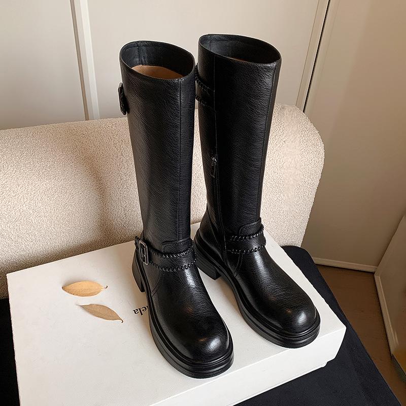 Sweet and cool Spice Girls simple but knee knight boots 2025 autumn and winter new round head thick sole thick heel belt buckle high boots