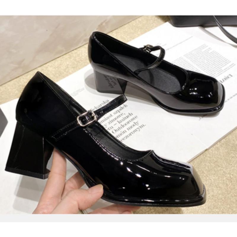 Mary Janes Vintage Black Sandals Woman Buckle Non-Slip Casual Medium Heels Office Ladies Solid Elegant Heels Korean Pumps