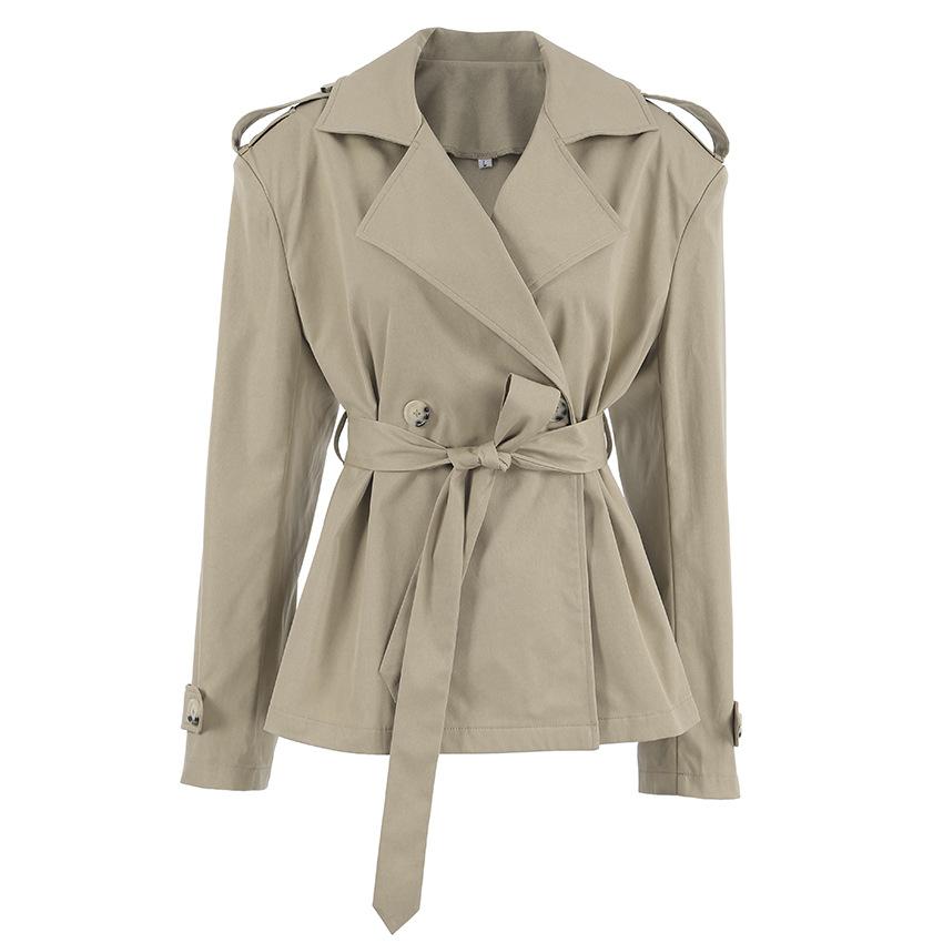 Women's Khaki Double Breasted Belted Trench Coat Short Jacket