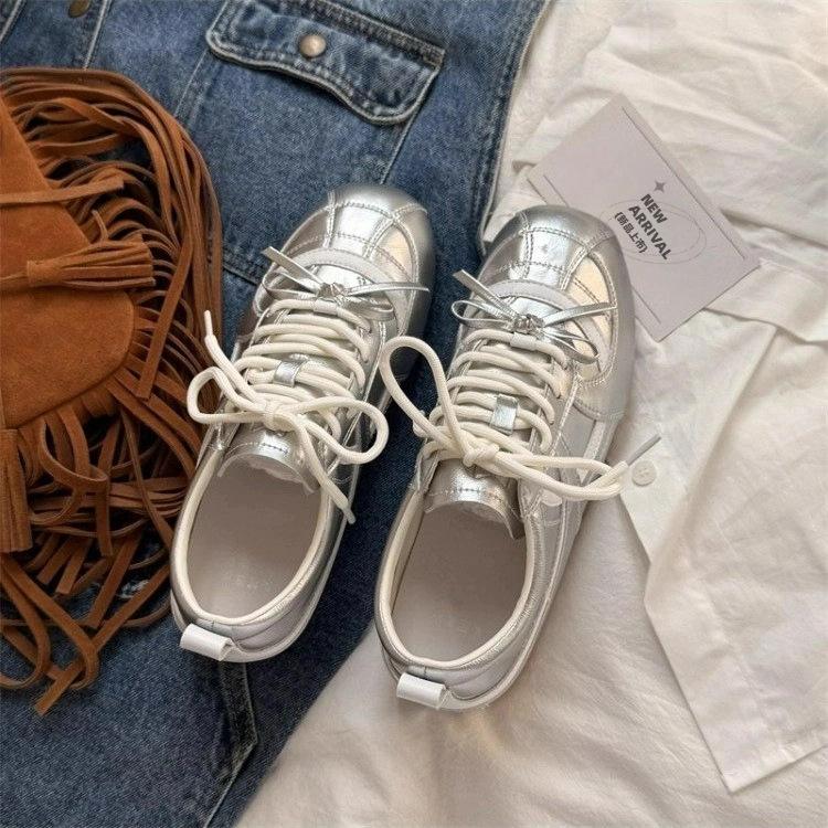 2025 Autumn Height Increase 5cm Ballet Training Shoes Women's Soft Leather Korean Style Mary Jane Silver Single Shoes Casual Shoes